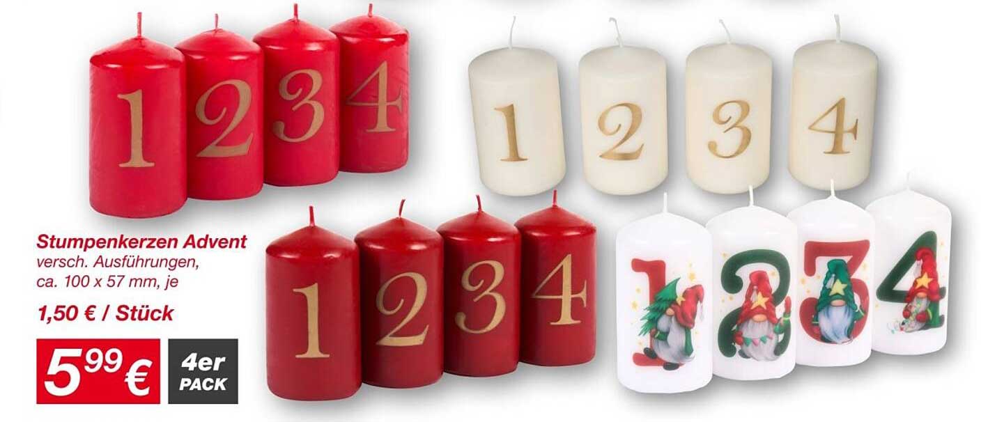 Stumpenkerzen Advent - vielseitige Ausführungen im 4er Pack