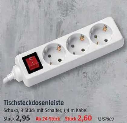 Tischsteckdosenleiste Schuko, 3 Stück mit Schalter, 1,4 m Kabel