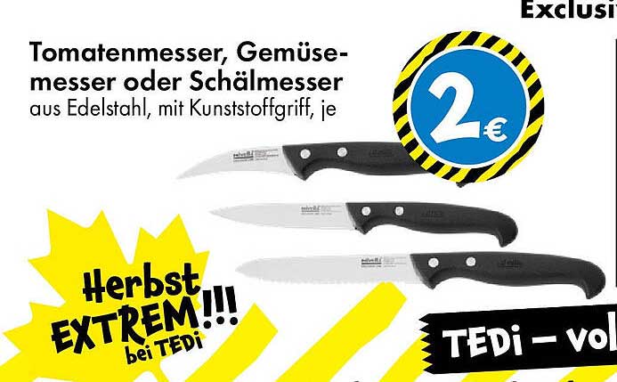 Tomatenmesser, Gemüsemesser oder Schälmesser aus Edelstahl, mit Kunststoffgriff, je 2 €
