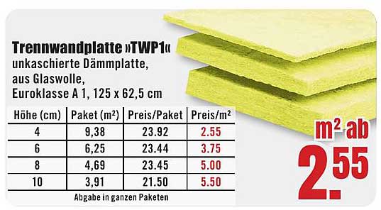 Trennwandplatte »TWP« unkaschierte Dämmplatte aus Glaswolle