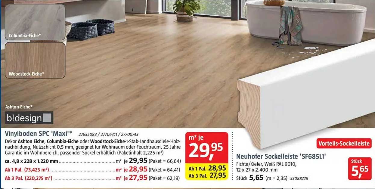 Vinylboden SPC 'Maxi' in Ashton Eiche, Columbia-Eiche oder Woodstock-Eiche