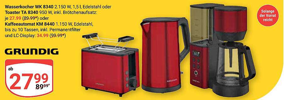 Wasserkocher WK 8340 2.150 W, 1,5 l Edelstahl oder Toaster TA 8340 950 W, inkl. Brötchenaufsatz oder Kaffeeautomat KM 8440 1.150 W, Edelstahl