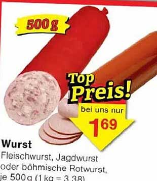 Wurst: Fleischwurst, Jagdwurst oder böhmische Rotwurst, je 500 g