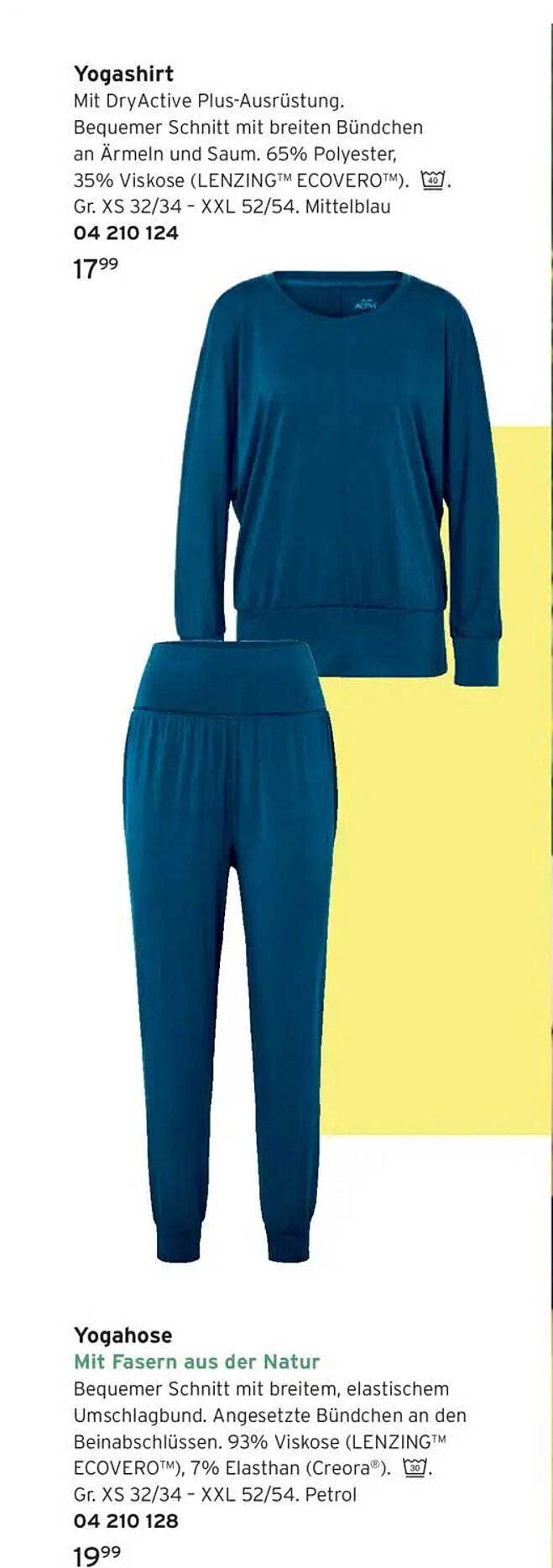 Yogashirt mit DryActive Plus-Ausrüstung und Yogahose mit natürlichen Fasern