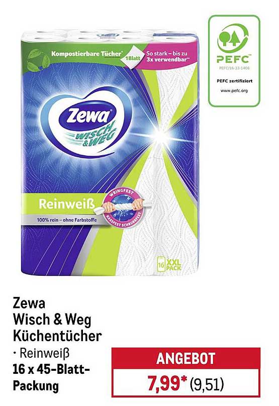 Zewa Wisch & Weg Küchentücher - Reinweiß, 16 x 45-Blatt-Packung