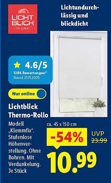 Lichtblick Thermo-Rollo Modell „Klemmfix“ Stufenlose Höhenverstellung. Ohne Bohren. Mit Verdunkelung. Je Stück.