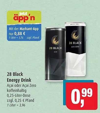 28 Black Energy Drink Acai oder Acai Zero 0,25-Liter-Dose