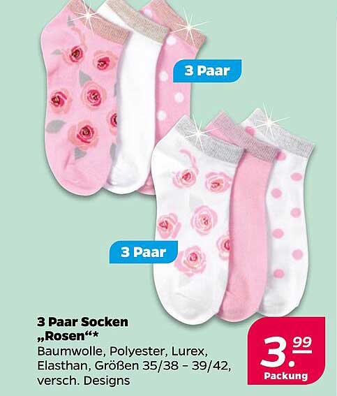 3 Paar Socken „Rosen“*