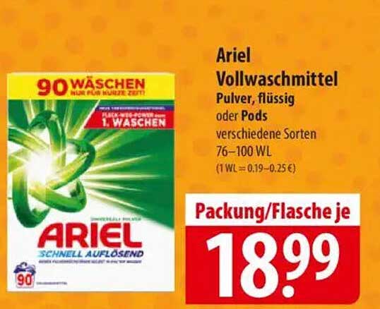 Ariel Vollwaschmittel Pulver, flüssig oder Pods verschiedene Sorten 76–100 WL