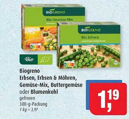 Biogreno Erbsen, Erbsen & Möhren, Gemüse-Mix, Buttergemüse oder Blumenkohl - gefroren 300-g-Packung