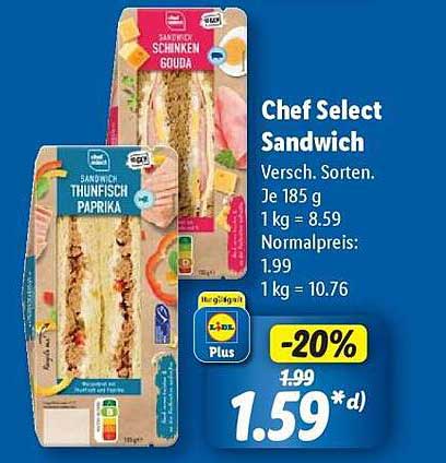 Chef Select Sandwich – Thunfisch Paprika oder Schinken Gouda