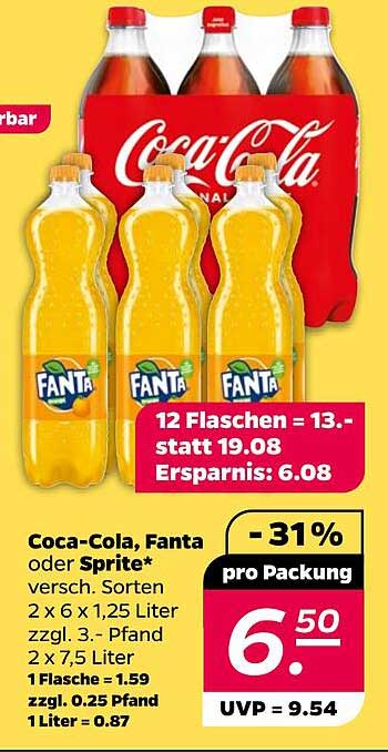 Coca-Cola, Fanta oder Sprite – 12 Flaschen für nur 13 € statt 19,08 €