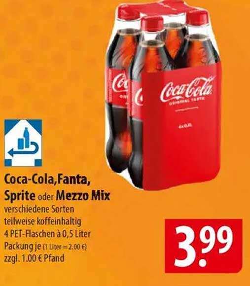 Coca-Cola, Fanta, Sprite oder Mezzo Mix – 4 PET-Flaschen à 0,5 Liter