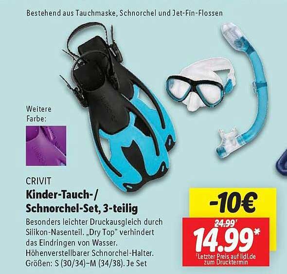 CRIVIT Kinder-Tauch-/Schnorchel-Set, 3-teilig