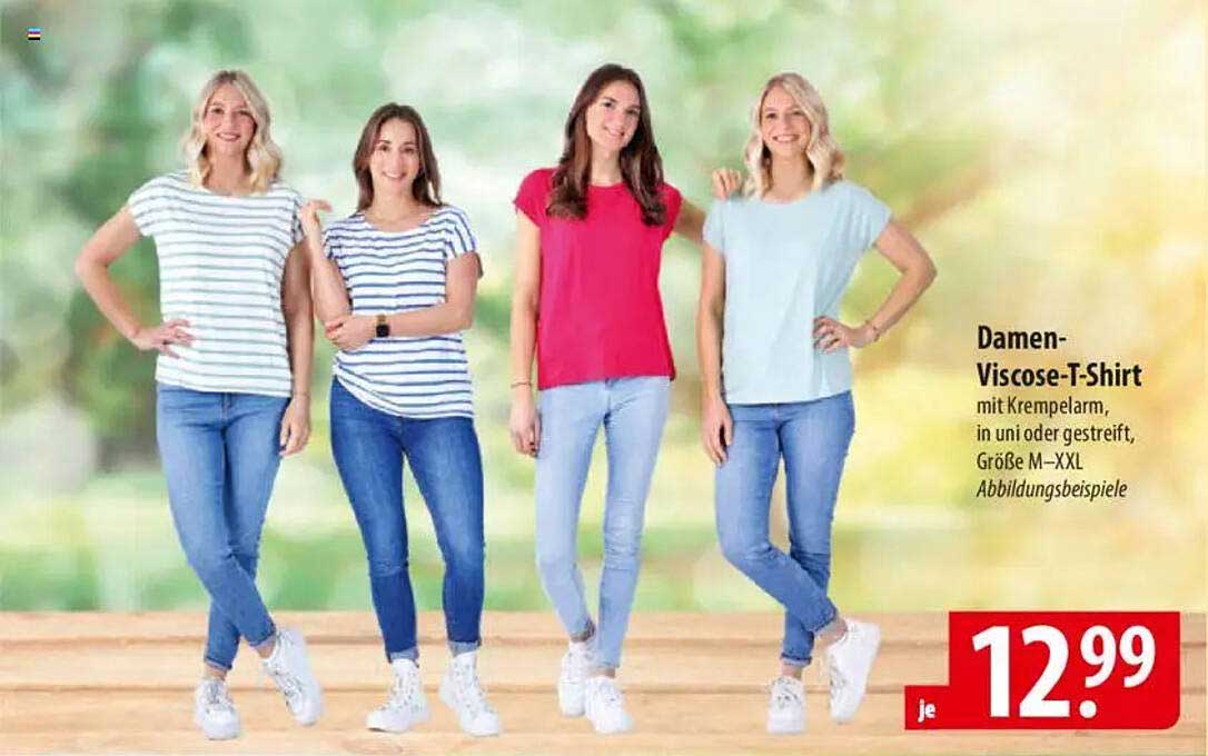 Damen-Viscose-T-Shirt mit Krempelarm, in uni oder gestreift, Größe M-XXL