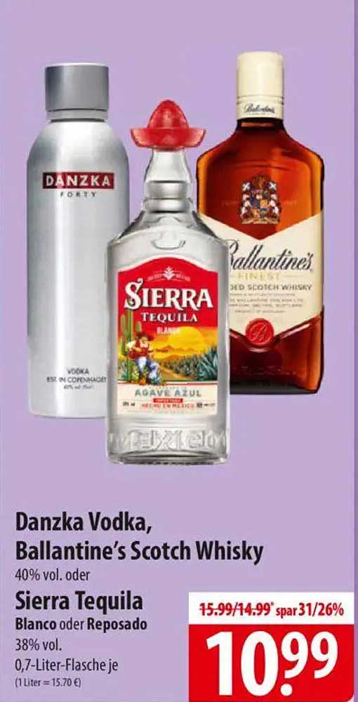 Danzka Vodka, Ballantine’s Scotch Whisky 40% vol. oder Sierra Tequila Blanco/Reposado 38% vol.