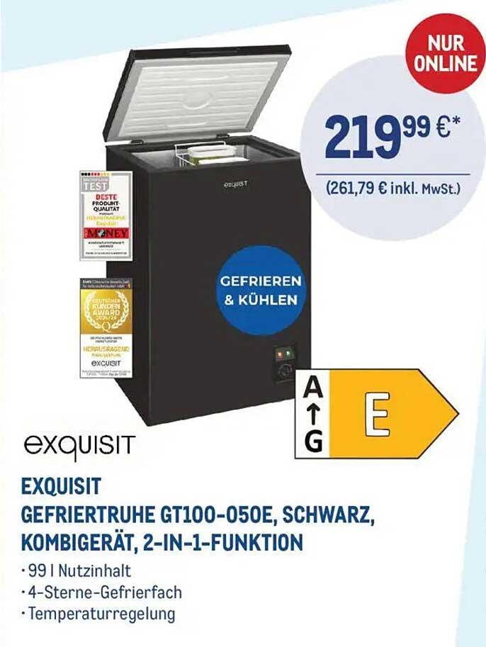 EXQUISIT Gefriertruhe GT100-050E, Schwarz, Kombigerät, 2-in-1-Funktion