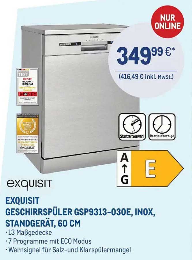 EXQUISIT Geschirrspüler GSP9313-030E, Inox, Standgerät, 60 cm