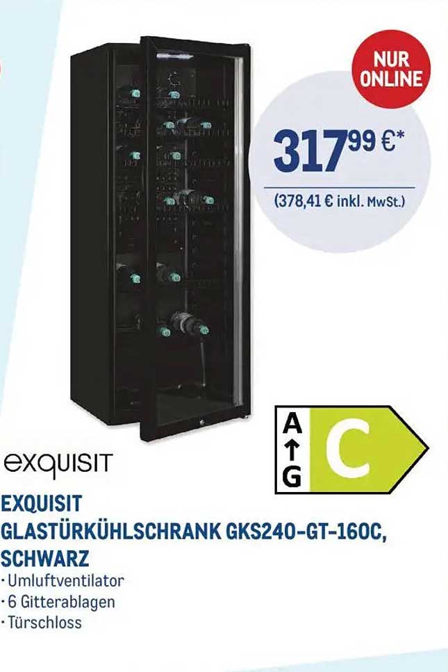 EXQUISIT GLASTÜRKÜHLSCHRANK GKS240-GT-160C, SCHWARZ