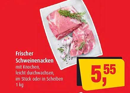 Frischer Schweinenacken mit Knochen, leicht durchwachsen, im Stück oder in Scheiben, 1 kg