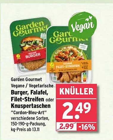 Garden Gourmet Vegane / Vegetarische Burger, Falafel, Filet-Streifen oder Knuspertaschen