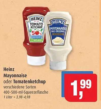 Heinz Mayonnaise oder Tomatenketchup 400-500 ml Squeeze-Flasche