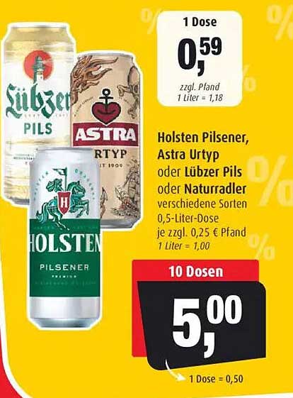 Holsten Pilsener, Astra Urtyp oder Lübzer Pils – 10 Dosen für nur 5,00 €