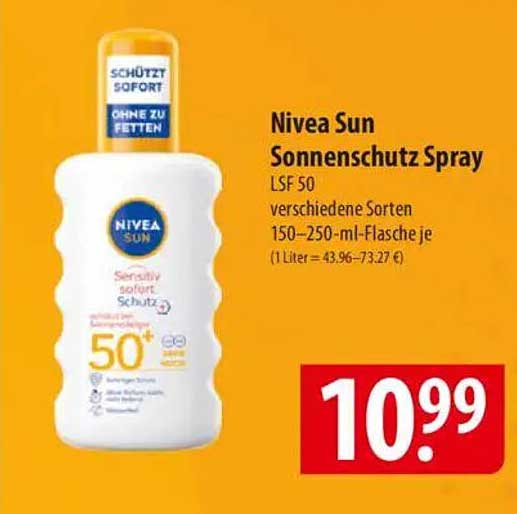 Nivea Sun Sonnenschutz Spray LSF 50, verschiedene Sorten 150–250-ml-Flasche