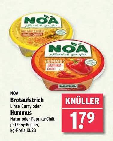 NOA Brotaufstrich Linse-Curry oder Hummus