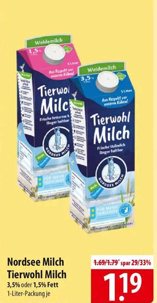 Nordsee Milch Tierwohl Milch 3,5% oder 1,5% Fett - 1-Liter-Packung je