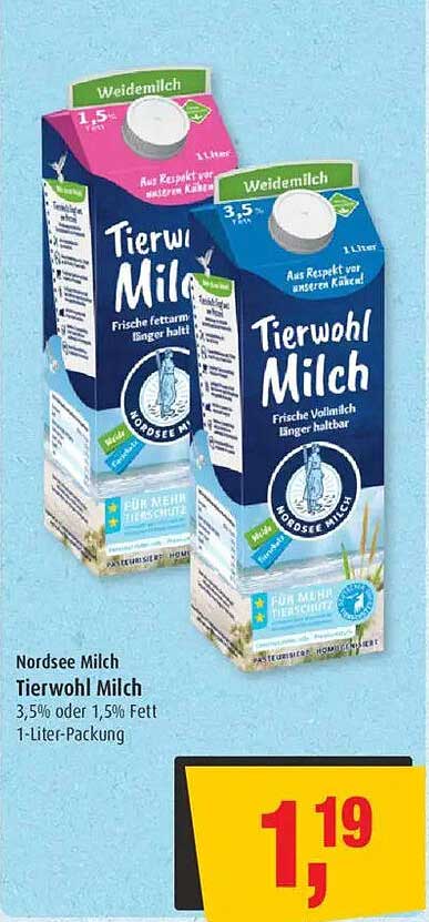 Nordsee Milch Tierwohl Milch 3,5% oder 1,5% Fett 1-Liter-Packung