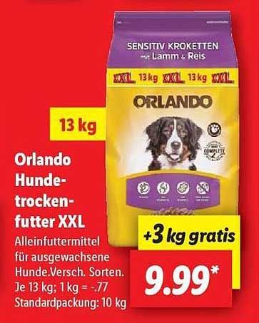 Orlando Hundefutter XXL mit Lamm & Reis, 13 kg + 3 kg gratis
