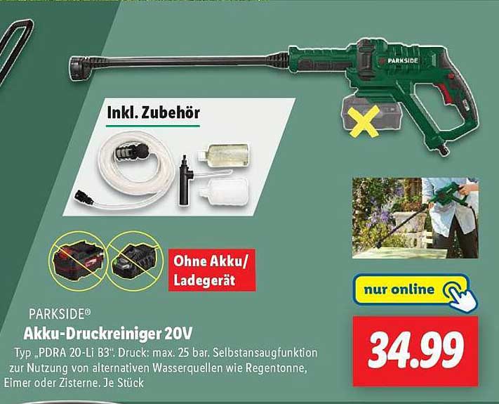 PARKSIDE Akku-Druckreiniger 20V mit Zubehör