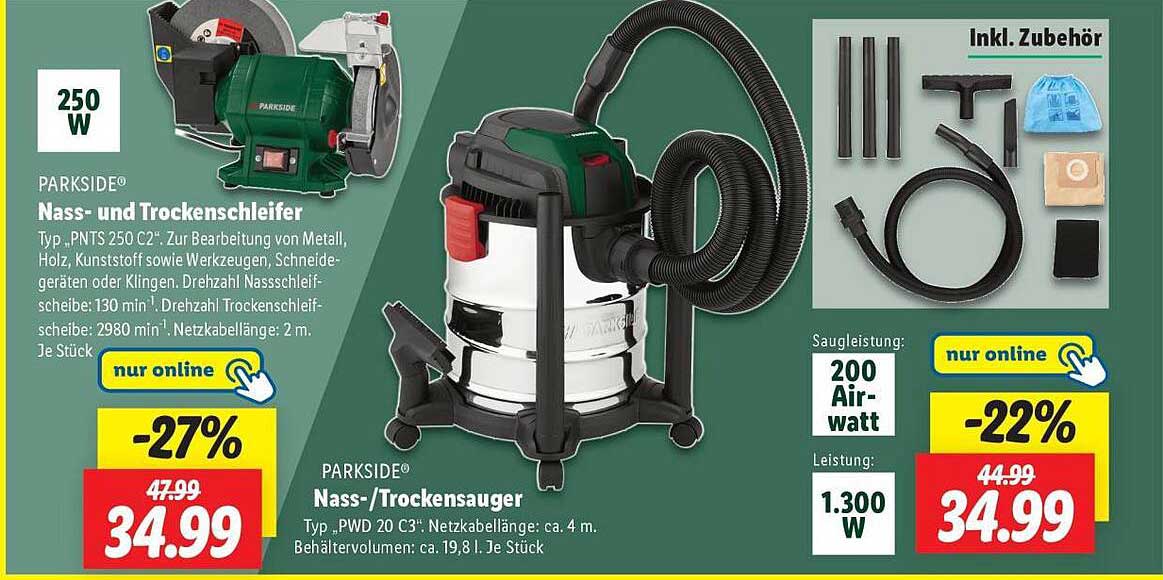 PARKSIDE® Nass- und Trockenschleifer Typ PNTS 250 C2 und Nass-/Trockensauger Typ PWD 20 C3
