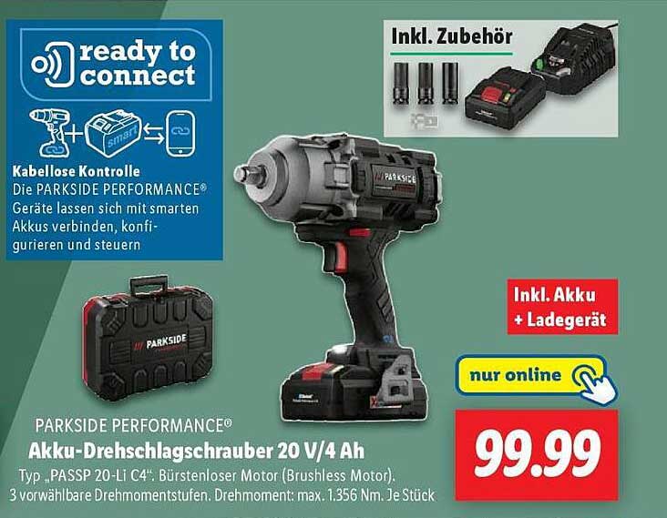 PARKSIDE PERFORMANCE® Akku-Drehschlagschrauber 20 V/4 Ah inkl. Akku + Ladegerät