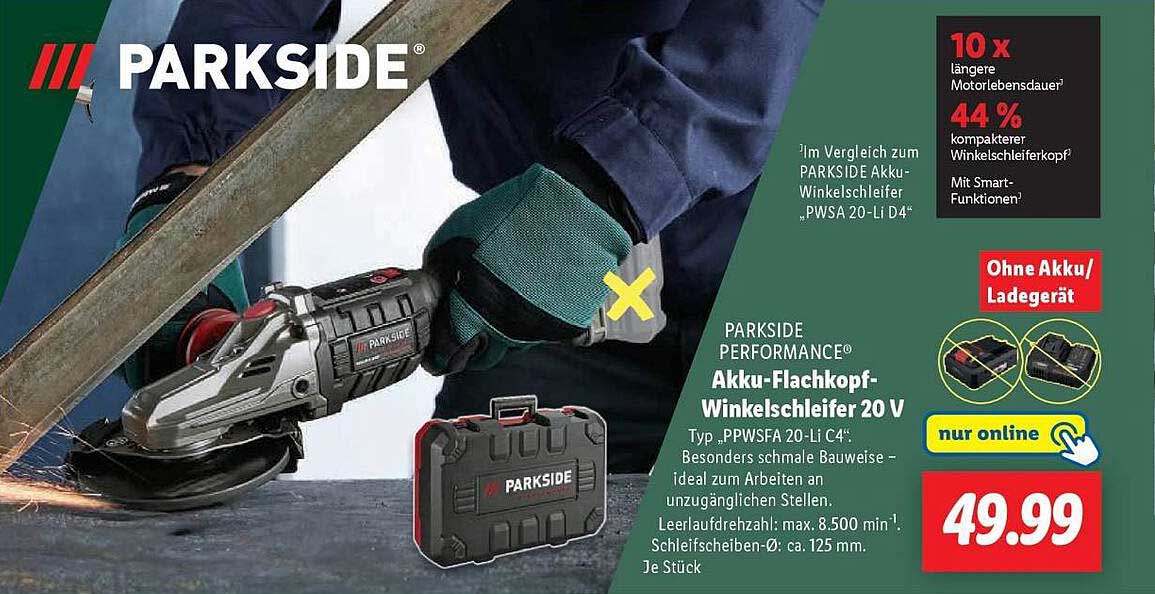 PARKSIDE PERFORMANCE® Akku-Flachkopf-Winkelschleifer 20 V