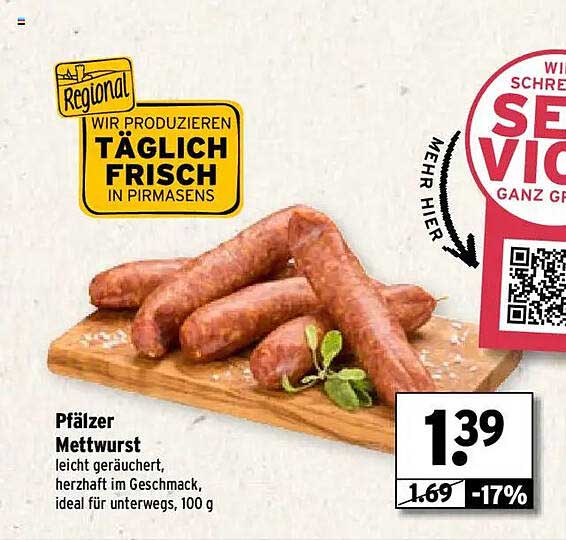 Pfalz Mettwurst, leicht geräuchert, herzhaft im Geschmack, ideal für unterwegs, 100 g