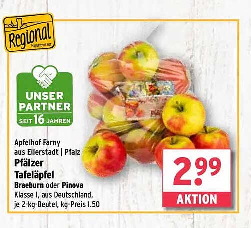Pflälzer Tafeläpfel Braeburn oder Pinova, 2-kg-Beutel zum Aktionspreis