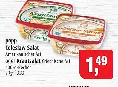 popp Coleslaw-Salat Amerikanischer Art oder Krautsalat Griechische Art 400-g-Becher