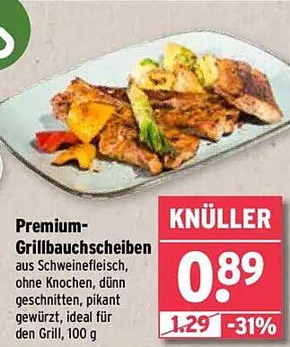 Premium-Grillbauchschnitten aus Schweinefleisch, ohne Knochen, dünn geschnitten, pikant gewürzt, ideal für den Grill, 100 g