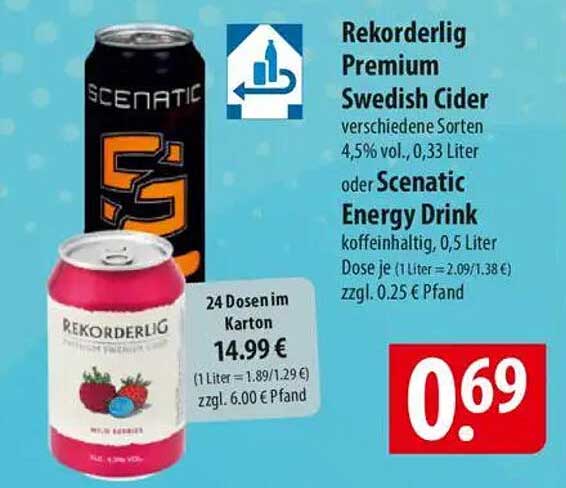 Rekorderlig Premium Swedish Cider oder Scenic Energy Drink - Jetzt zum Sonderpreis!