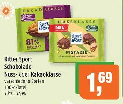 Ritter Sport Schokolade - Nuss- oder Kakaoklasse 100-g-Tafel
