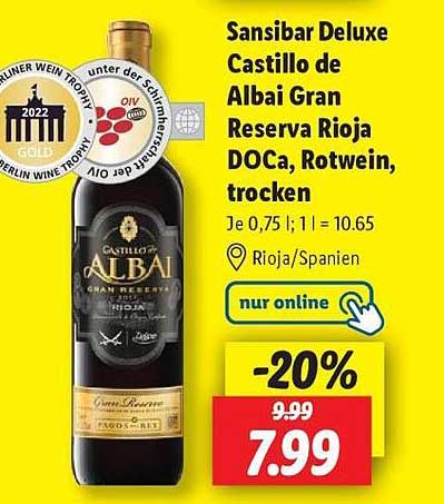 Sansibar Deluxe Castillo de Albei Gran Reserva Rioja DOCA, Rotwein, trocken