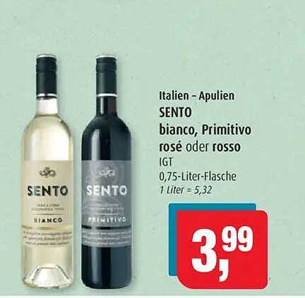 SENTO bianco, Primitivo rosé oder rosso 0,75-Liter-Flasche