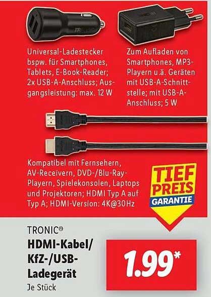 TRONIC® HDMI-Kabel/KFZ-/USB-Ladegerät