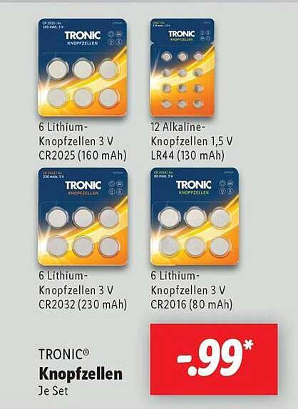TRONIC Knopfzellen – Je Set für nur 0,99 €
