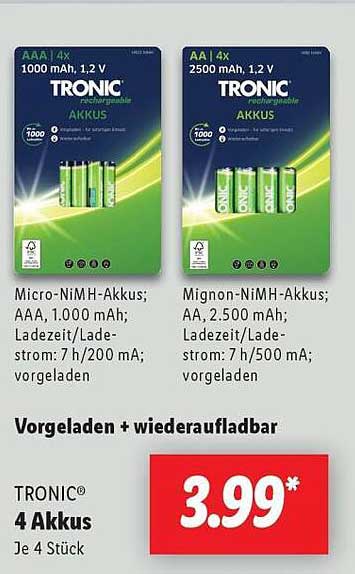TRONIC® wiederaufladbare Akkus (4 Stück)