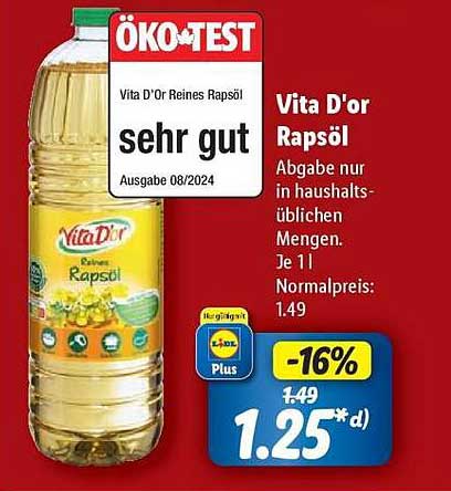 Vita D'or Reines Rapsöl - 1,25 € (Normalpreis: 1,49 €)