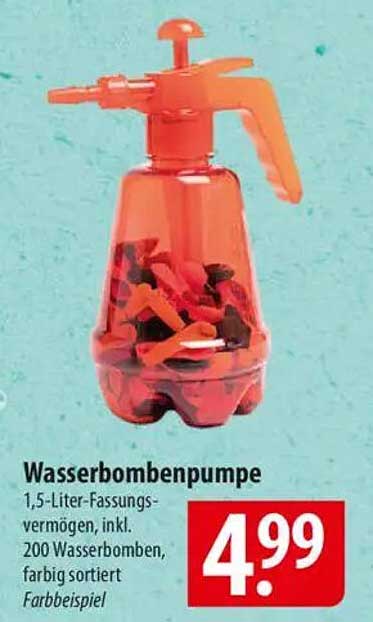 Wasserbombenpumpe 1,5-Liter-Fassungsvermögen, inkl. 200 Wasserbomben, farbig sortiert