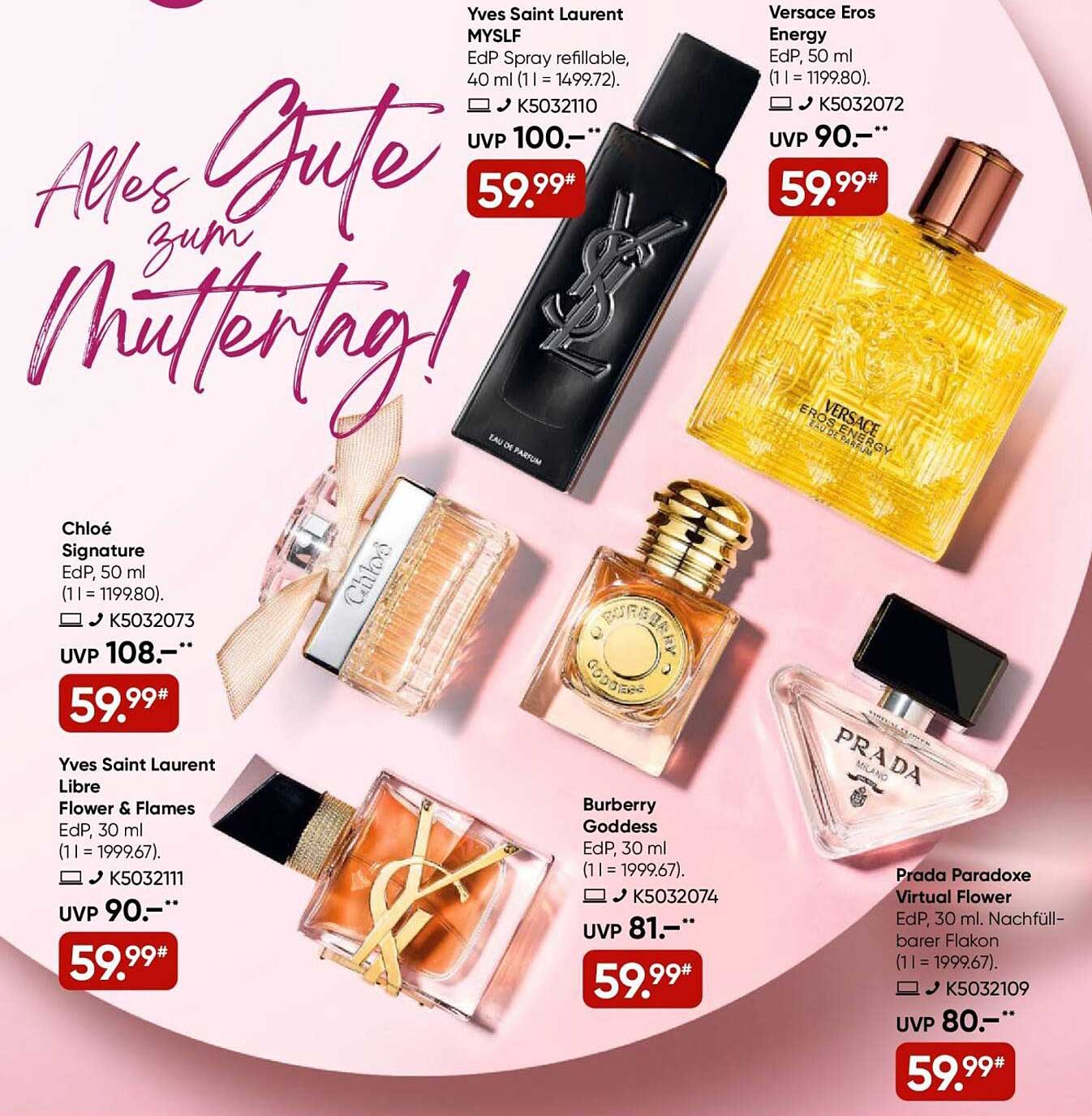 Yves Saint Laurent MYSLF EdP 40 ml, Versace Eros Energy EdP 50 ml, Chloé Signature EdP 50 ml, Yves Saint Laurent Libre Flower & Flames EdP 30 ml, Burberry Goddess EdP 30 ml, Prada Paradoxe Virtual Flower EdP 30 ml